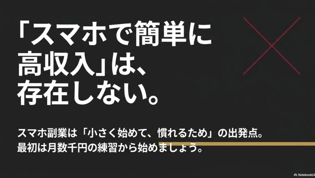 在宅ワークをパソコンなしスマホのみでOK!安全なアプリで始める : スマホで簡単に高収入を得る仕事は存在しないこと、スマホ副業は小さく始めて慣れるための出発点であり、最初は月数千円の練習から始めるべきであることを説明するスライド。