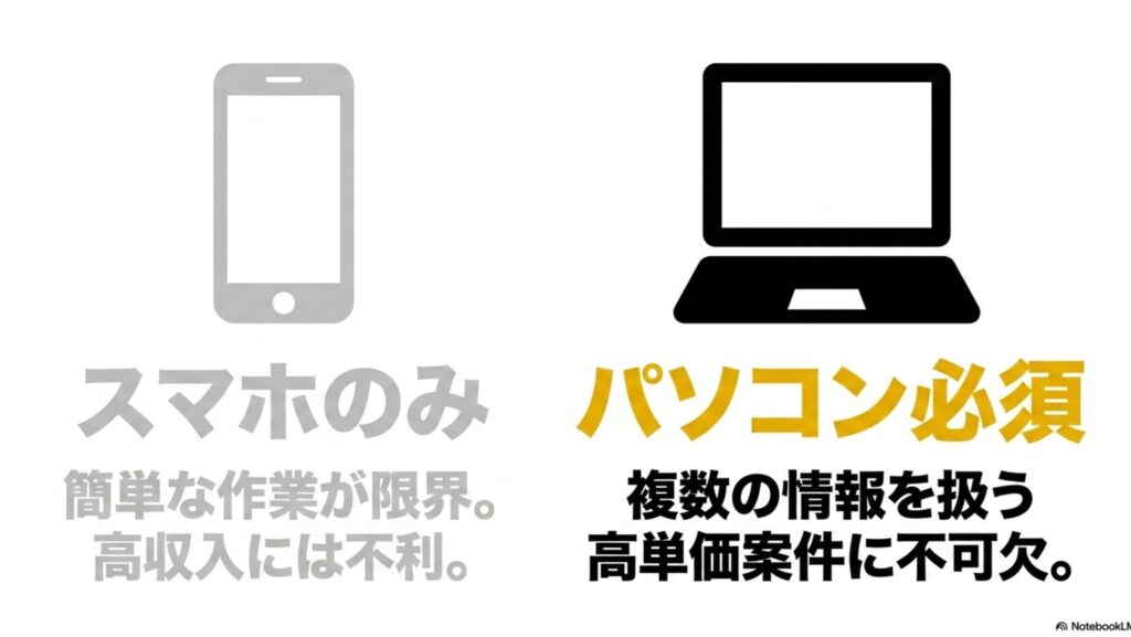 在宅ワークで月収30万を狙うなら知るべき収入戦略完全ガイド : スマホのみの作業は簡単だが高収入には不利である一方、パソコン必須の仕事は複数の情報を扱う高単価案件に不可欠であることを説明する比較図。
