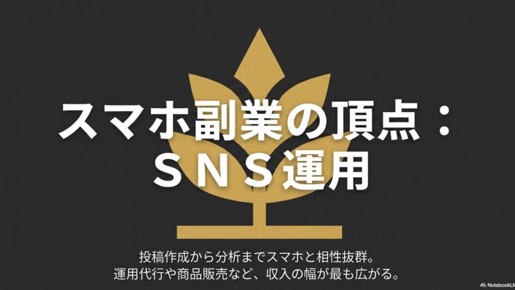 在宅ワークをパソコンなしスマホのみでOK!安全なアプリで始める : スマホ副業の頂点としてSNS運用を挙げ、投稿作成から分析までスマホと相性が抜群であり、運用代行や商品販売など収入の幅が最も広がることを説明するスライド。