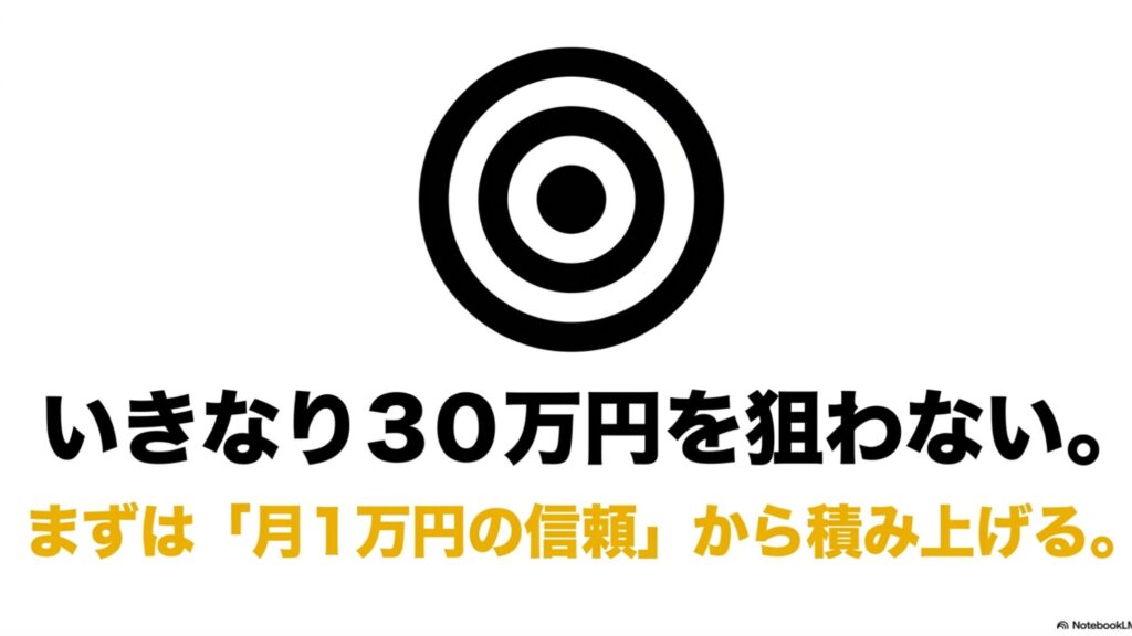 在宅ワークで月収30万を狙うなら知るべき収入戦略完全ガイド : 「いきなり30万円を狙わない。まずは『月1万円の信頼』から積み上げる。」というメッセージが書かれた、堅実な目標設定を促すスライド画像。