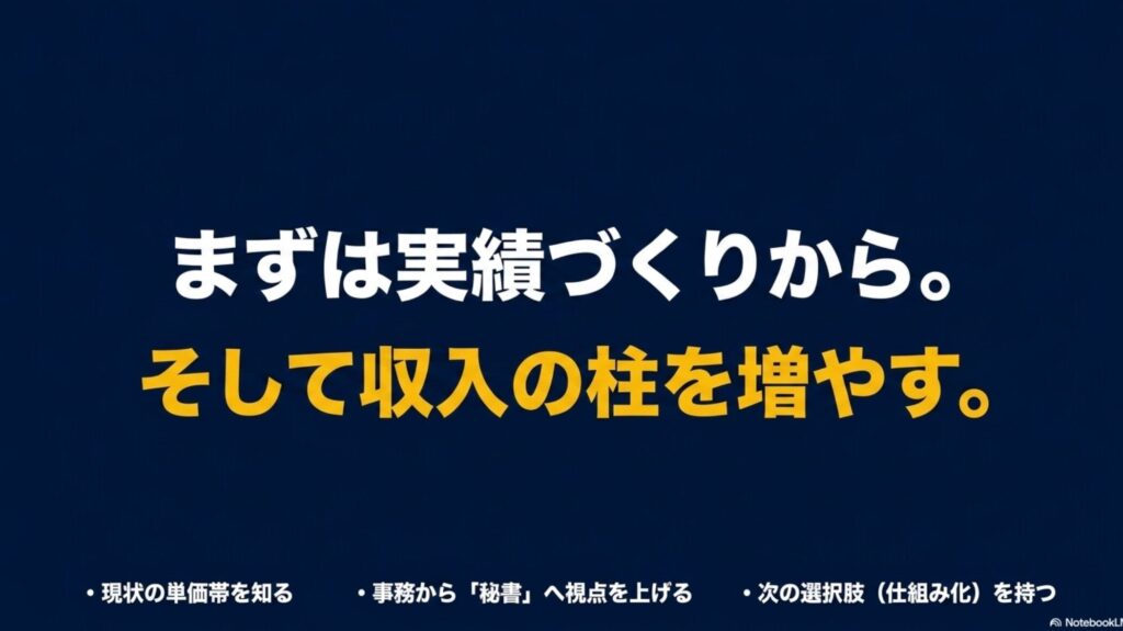 オンライン秘書の求人の探し方|フルリモート・未経験・在宅対応 : オンライン秘書や在宅ワークの第一歩として、まずは小さな実績づくりから始めていこうと読者の背中を押すまとめのスライド画像。