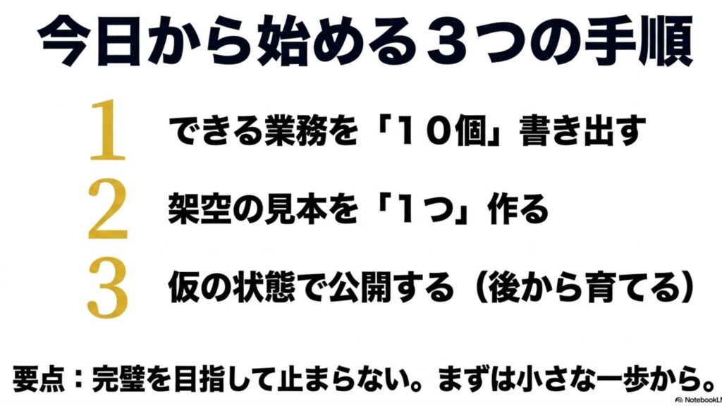 未経験から始めるオンライン秘書のポートフォリオ作成術 : 1.できる業務を10個書き出す、2.架空の見本を1つ作る、3.仮の状態で公開するという、今日から始める3つの手順をまとめたスライド