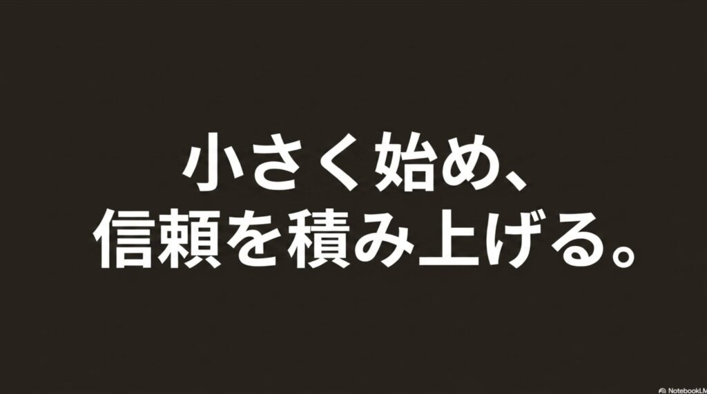 オンライン秘書の年収・月収・時給相場と月10万達成法 : 「小さく始め、信頼を積み上げる。」と書かれた、在宅ワークをスタートする読者の背中を押すメッセージスライド画像。