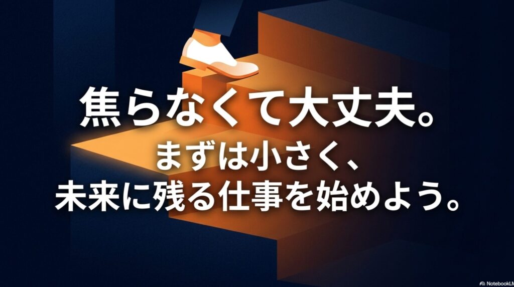 在宅ワークで月5万から10万稼ぐ現実解と安全な始め方 : 濃紺の背景に、白とオレンジの文字で「焦らなくて大丈夫。まずは小さく、未来に残る仕事を始めよう。」というメッセージがシンプルに書かれたエンディング用のスライド画像。