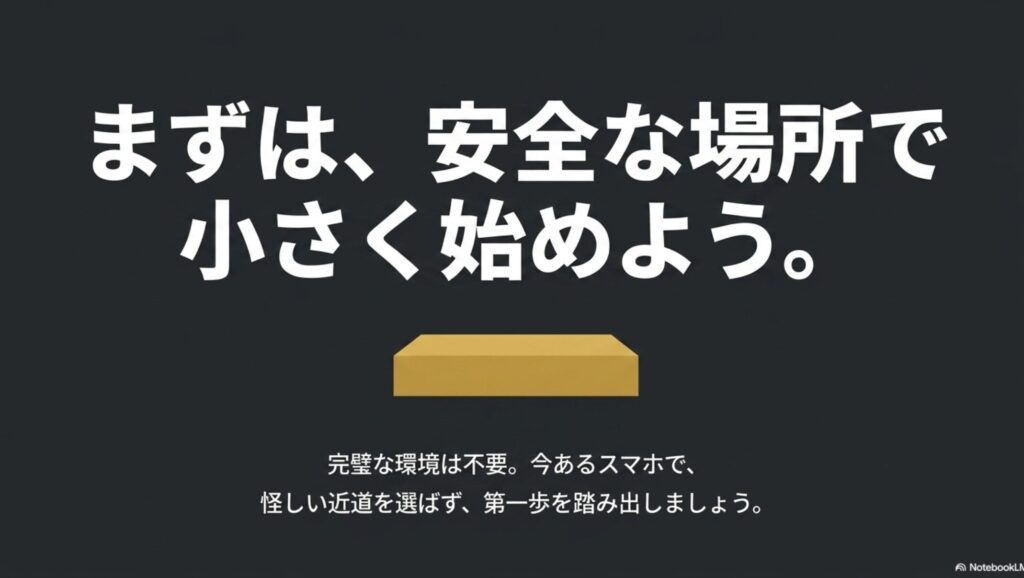 在宅ワークをパソコンなしスマホのみでOK!安全なアプリで始める : 完璧な環境は不要であり、今あるスマホで怪しい近道を選ばず、安全な場所で小さく第一歩を踏み出そうと前向きに呼びかける、まとめのスライド。