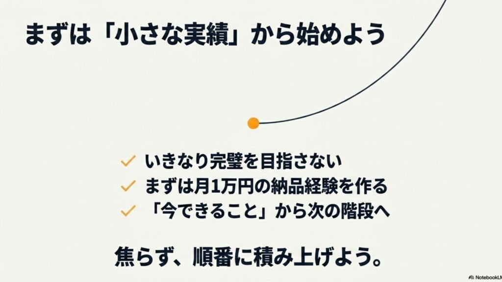 在宅ワークの年収と給料は?平均月収と収入の実態完全ガイド : いきなり完璧を目指さず、まずは月1万円の納品経験を作り、今できることから次の階段へ積み上げることの重要性を伝えるスライド