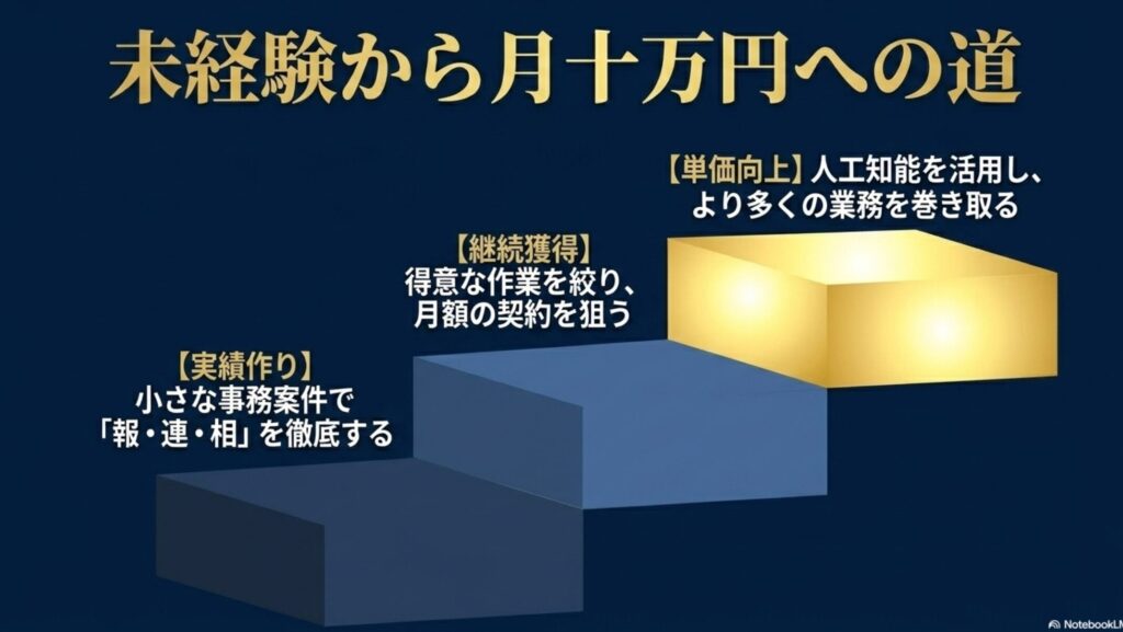 オンライン秘書の将来性と需要をAI時代の副業目線で解説 : 未経験から月10万円への道として、実績作り、継続獲得、単価向上の3ステップを図解したスライド