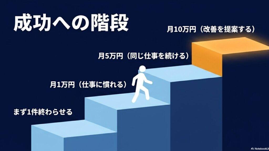 在宅ワークで月5万から10万稼ぐ現実解と安全な始め方 : 下から上へと上がる階段のイラスト 。スタートの「まず1件終わらせる」から始まり 、ステップ1「月1万円（仕事に慣れる）」 、ステップ2「月5万円（同じ仕事を続ける）」 、ステップ3「月10万円（改善を提案する）」へと段階的に成長していくロードマップを示したスライド画像。