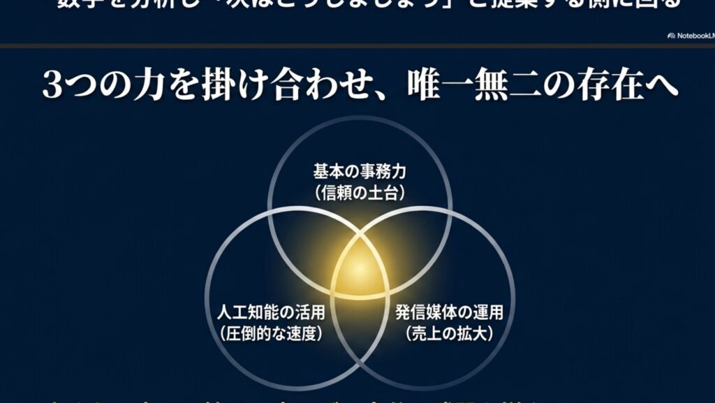 オンライン秘書の将来性と需要をAI時代の副業目線で解説 : 基本の事務力、人工知能の活用、発信媒体の運用という3つの力を掛け合わせ、唯一無二の存在になることを示すベン図のスライド