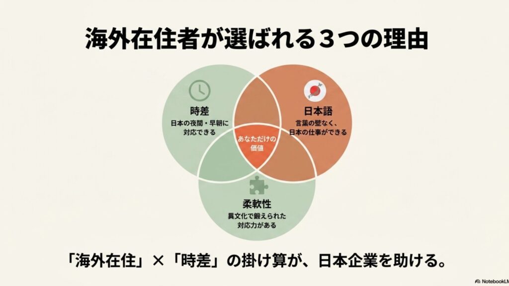 オンライン秘書を海外在住で始める完全在宅ワーク入門 : 時差、日本語、柔軟性の3つの要素が重なり合い「あなただけの価値」が生まれることを示したベン図のスライド画像。