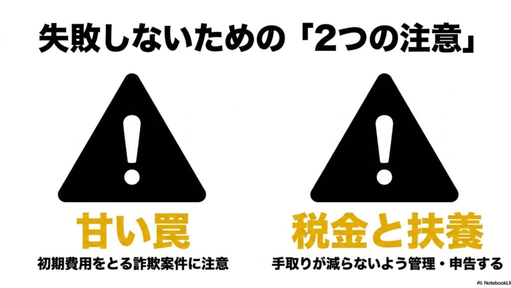 在宅ワークで月収30万を狙うなら知るべき収入戦略完全ガイド : 在宅ワークで失敗しないための2つの注意として、初期費用をとる詐欺案件への注意(甘い罠)と、手取りが減らないよう管理・申告する税金と扶養についての注意点をまとめた図。