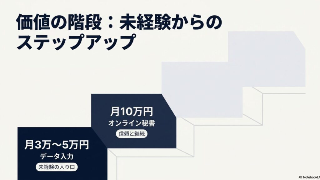 在宅ワークの年収と給料は?平均月収と収入の実態完全ガイド : 未経験の入り口である月3万〜5万円のデータ入力から、信頼と継続で月10万円のオンライン秘書へとステップアップする価値の階段