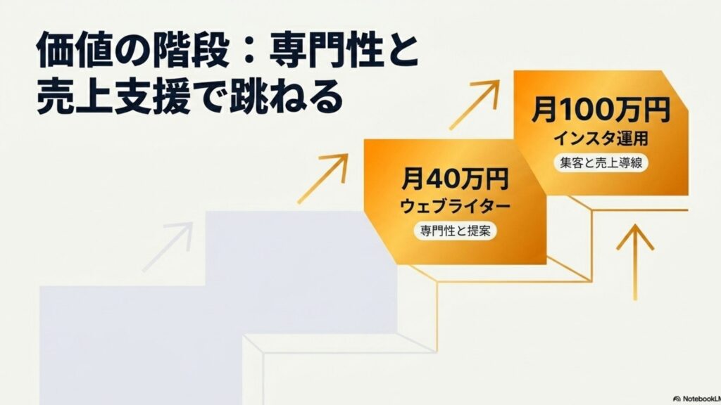 在宅ワークの年収と給料は?平均月収と収入の実態完全ガイド : 月40万円のウェブライター(専門性と提案)から月100万円のインスタ運用(集客と売上導線)へと、専門性と売上支援で収入が跳ねるステップ