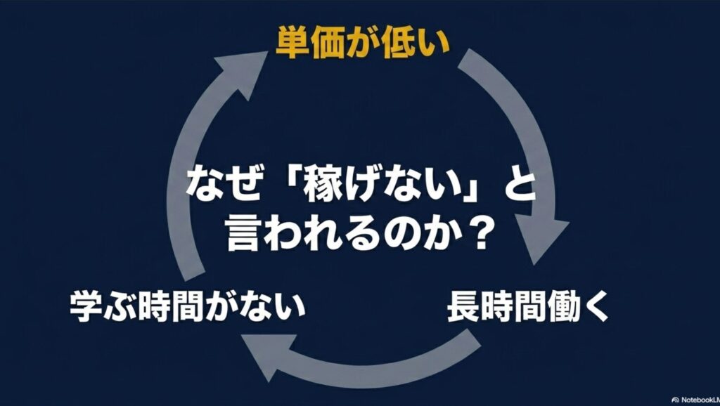 オンライン秘書の求人の探し方|フルリモート・未経験・在宅対応 : 単価が低い、長時間働く、学ぶ時間がないという、初心者が在宅ワークで直面しやすい疲弊の原因をまとめたスライド画像。