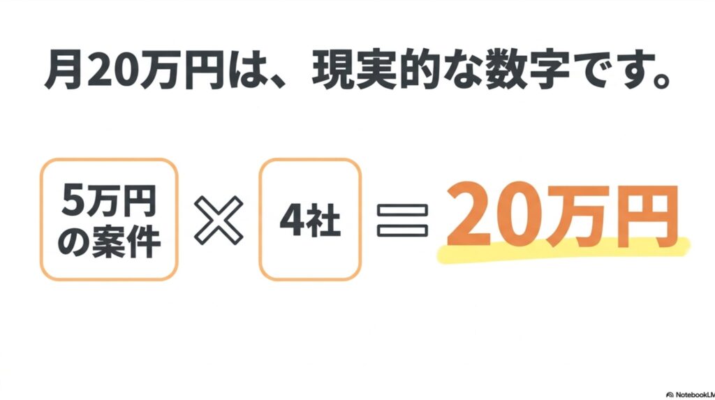 在宅ワークで月収20万を未経験から目指す現実的手順 : 月20万円は現実的な数字であることを示し、「5万円の案件を4社担当して合計20万円にする」という具体的な内訳をイメージ化したスライド画像。