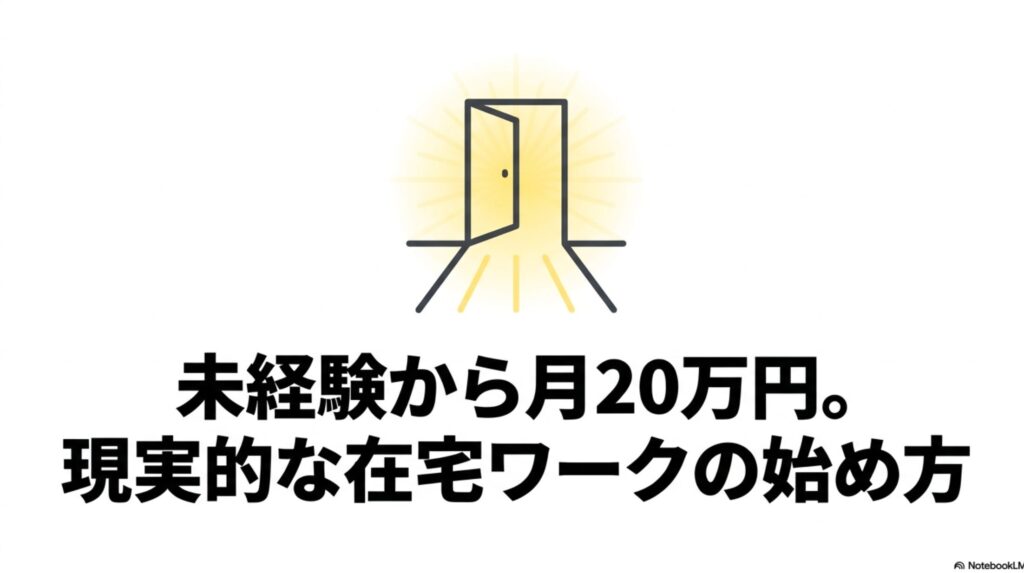 在宅ワークで月収20万を未経験から目指す現実的手順 : 「未経験から月20万円。現実的な在宅ワークの始め方」というメインタイトルが書かれた、スライドの表紙画像。