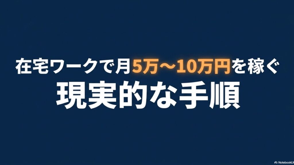 在宅ワークで月5万から10万稼ぐ現実解と安全な始め方 : 「在宅ワークで月5万~10万円を稼ぐ 現実的な手順」と中央に大きく書かれたスライド資料のタイトル画像。